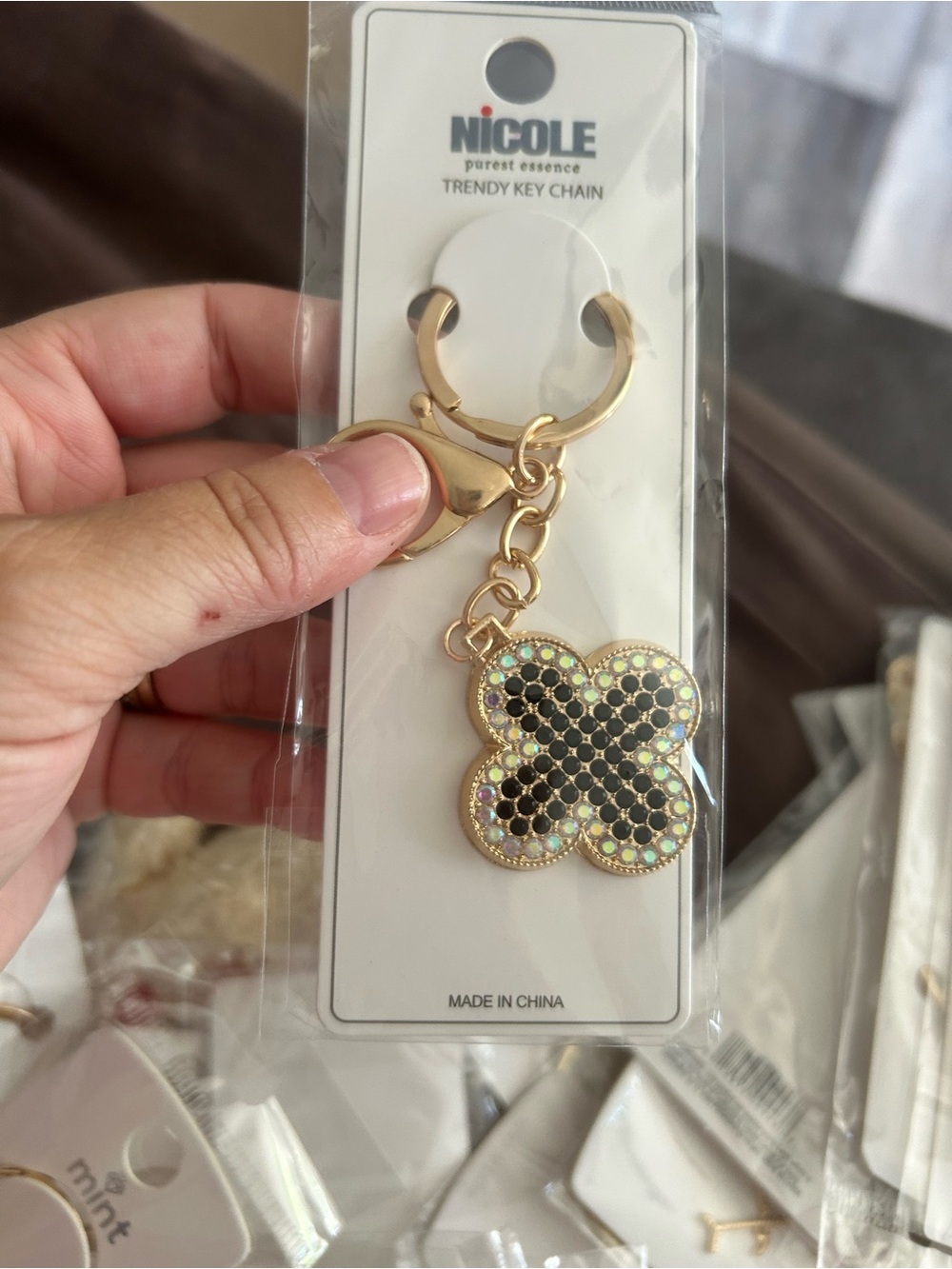 4/$50 Nicole Gold-Tone Black Crystal Clover Key Chain